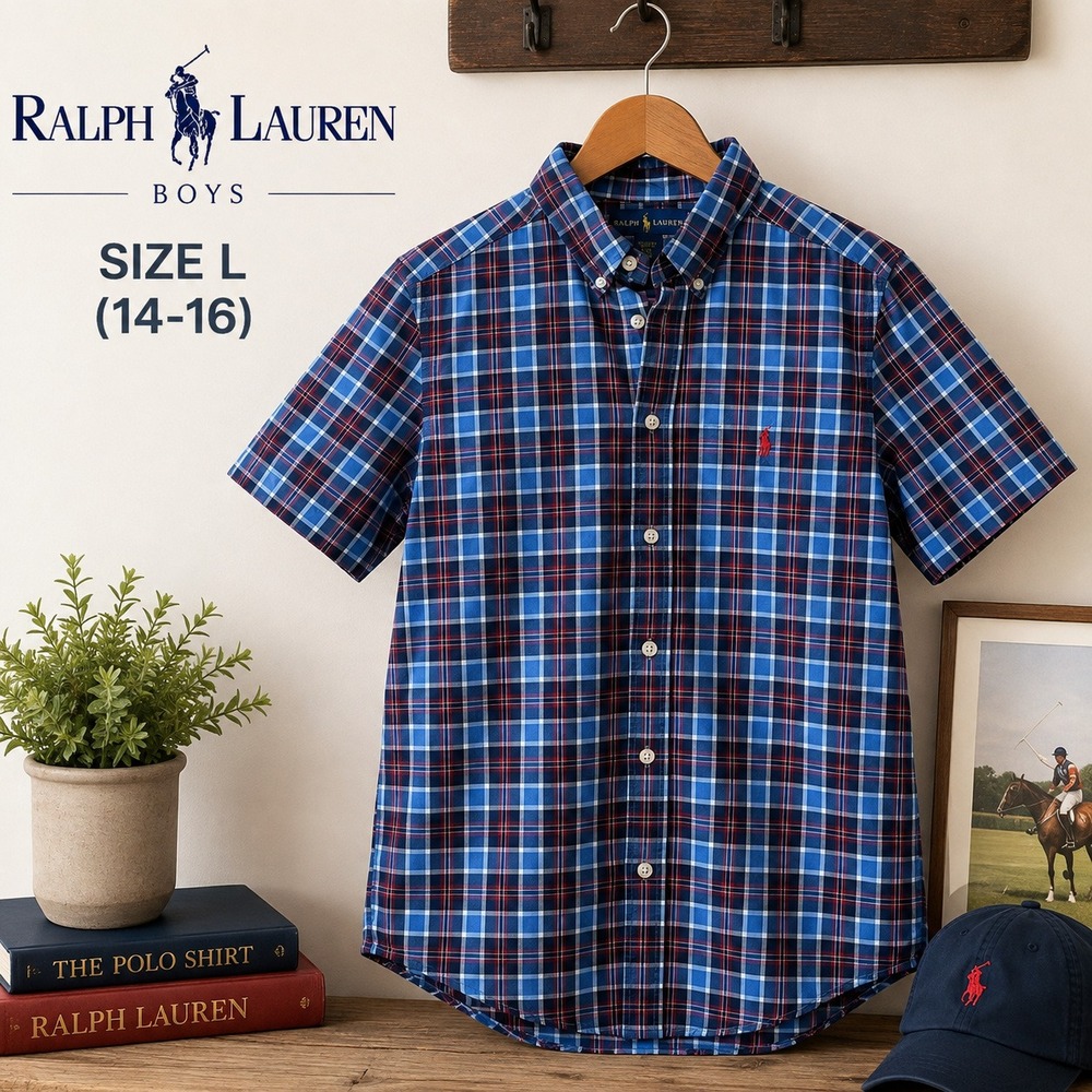 Ralph Lauren Button Down Shirt Boys L 14-16 Blue Red Plaid Short Sleeve Pony